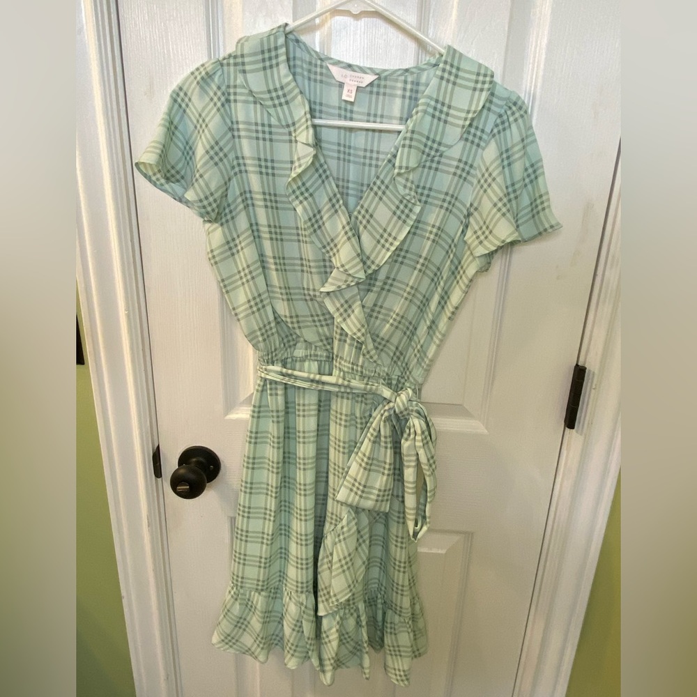 LC Lauren Conrad green plaid ruffle mini dress